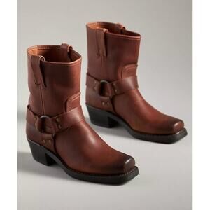 Frye Cognac Brown Leather Harness Mid-Calf Heeled Boots